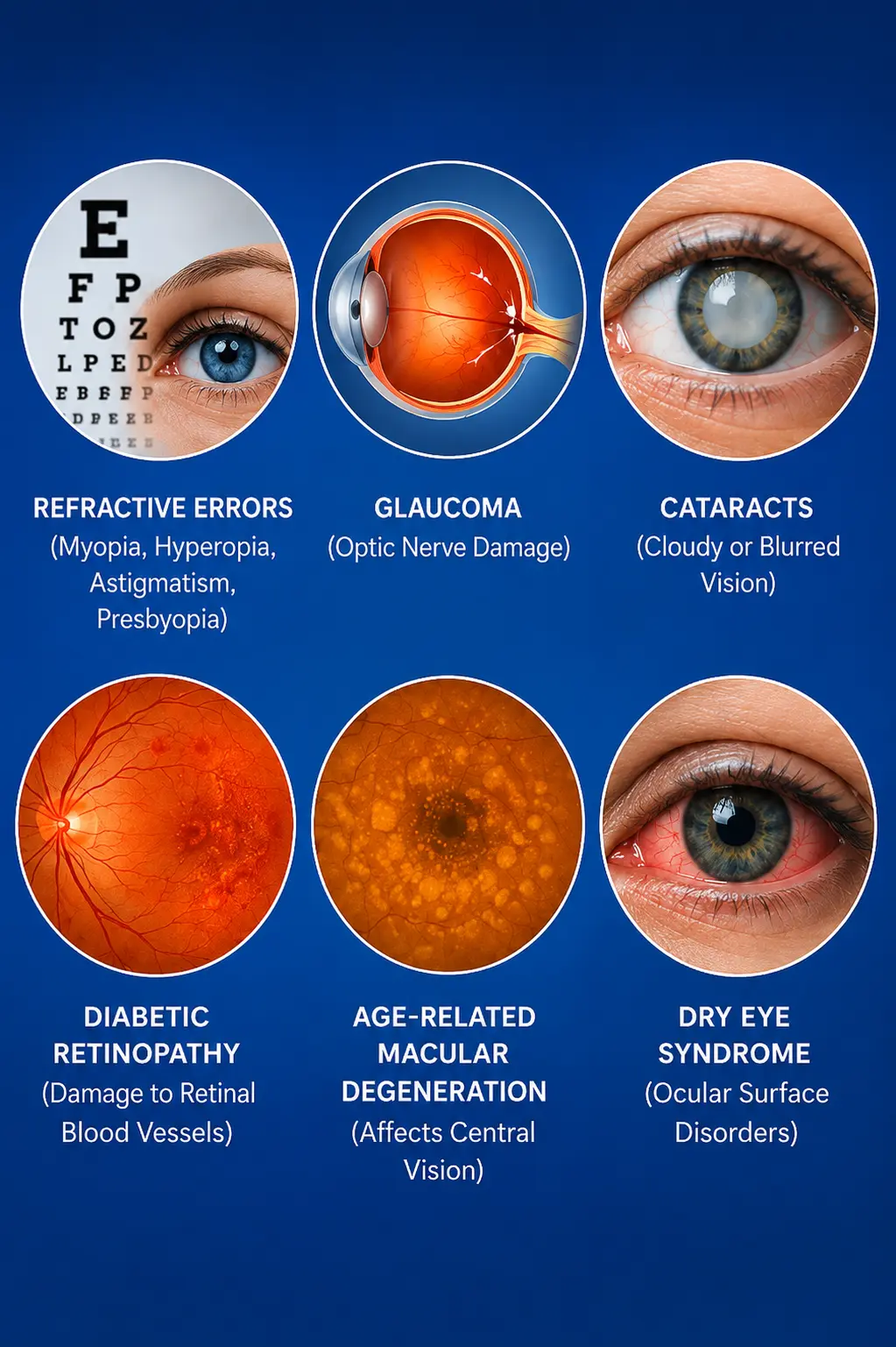 Mobile-friendly infographic highlighting six common eye conditions: refractive errors, glaucoma, cataracts, diabetic retinopathy, age-related macular degeneration (AMD), and dry eye syndrome. Each condition is illustrated with a circular eye image and a brief description on a blue background for easy viewing on mobile devices.