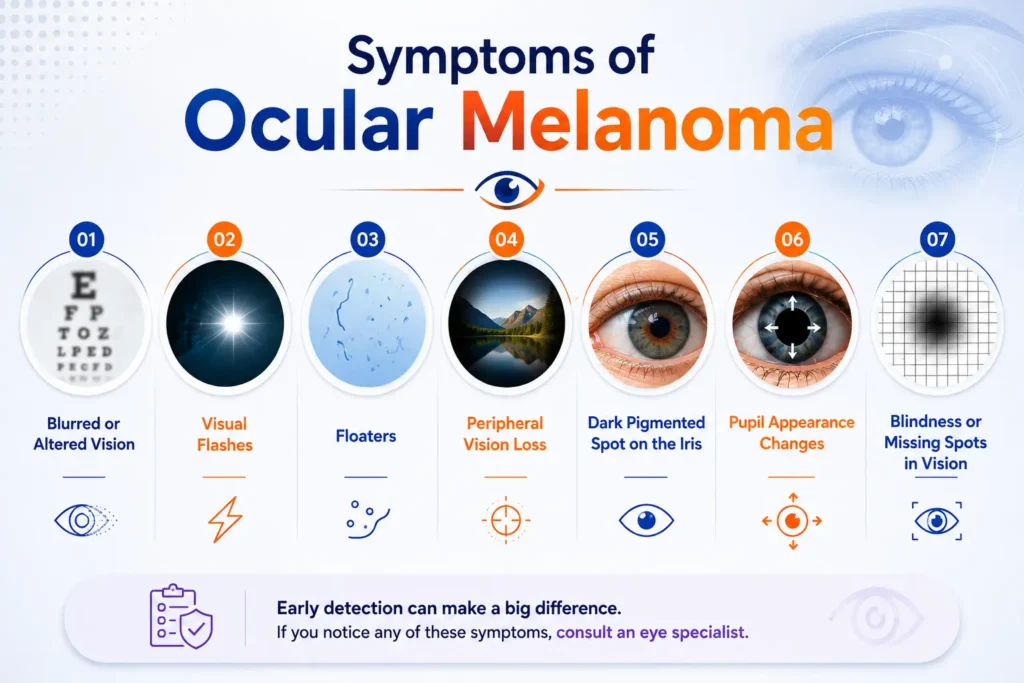 Landscape infographic illustrating the symptoms of ocular melanoma, including blurred or altered vision, visual flashes, floaters, peripheral vision loss, a dark pigmented spot on the iris, changes in pupil appearance, and blind spots in vision. The infographic also highlights the importance of early detection and consulting an eye specialist if these symptoms occur.