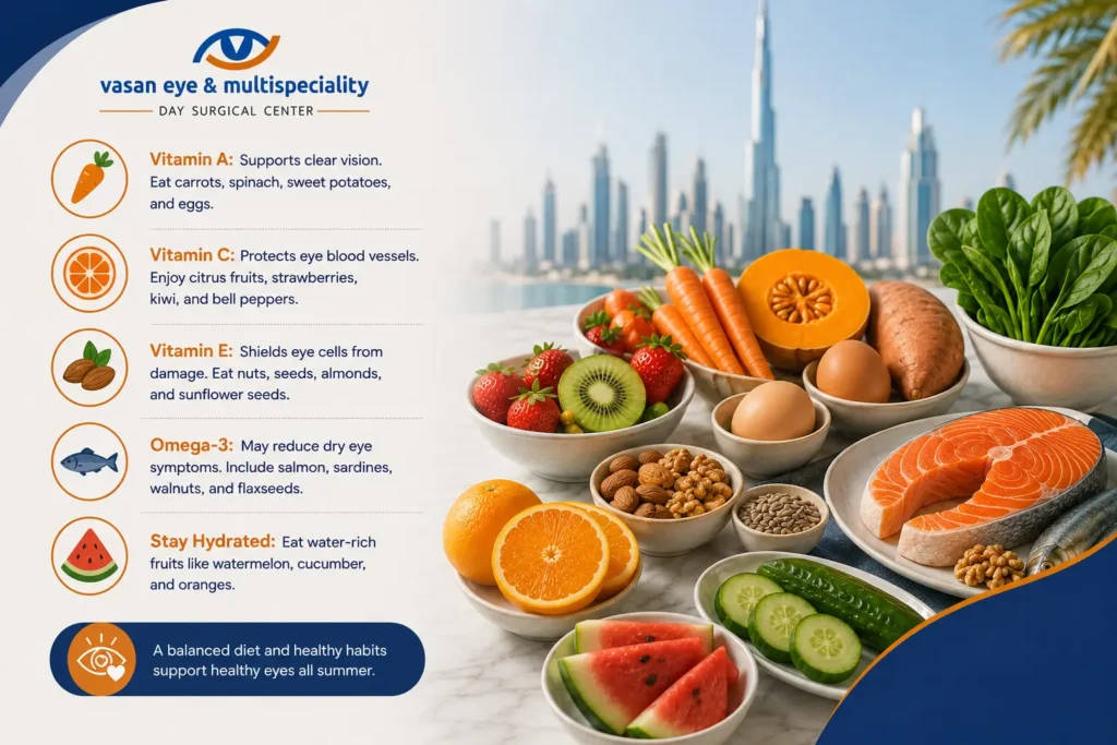 Healthy eye-friendly foods including salmon, carrots, spinach, citrus fruits, nuts, and eggs to support eye health and reduce dry eyes during summer in Dubai.