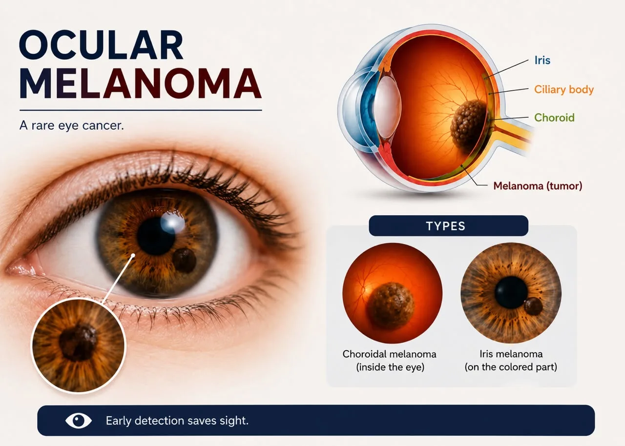 Infographic titled "Ocular Melanoma: A rare eye cancer." Shows a close-up of a brown eye with a dark pigmented spot on the iris, a cross-section diagram of the eye labeling the iris, ciliary body, choroid, and melanoma tumor, and two circular images comparing choroidal melanoma (inside the eye) and iris melanoma (on the colored part). Bottom banner reads "Early detection saves sight."