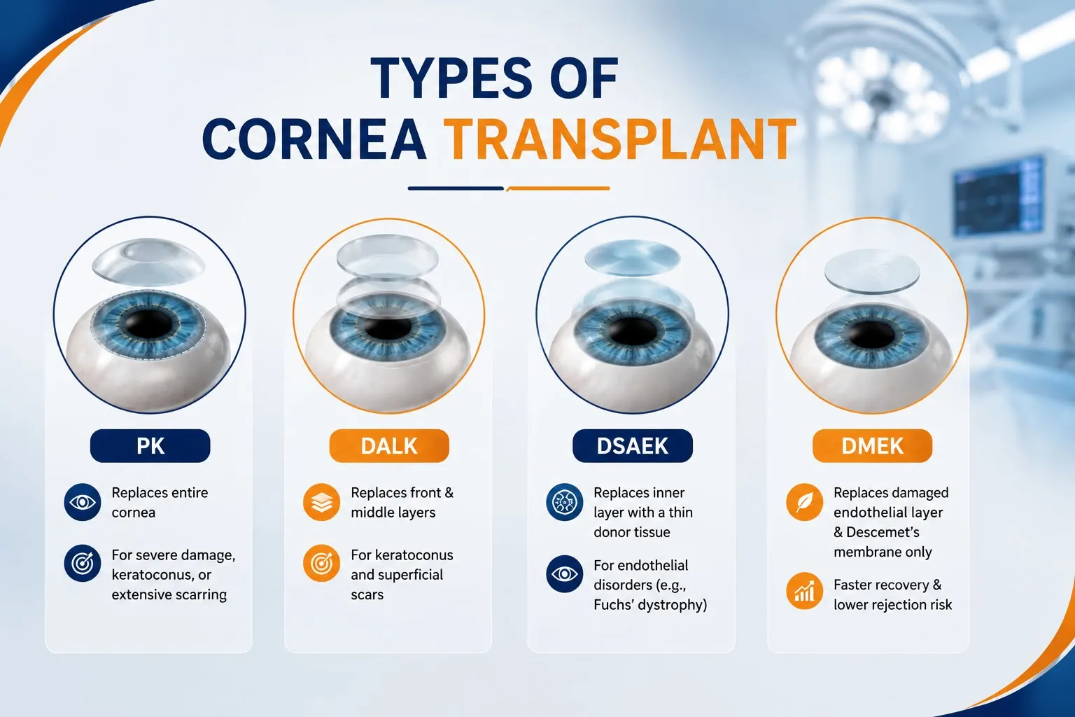 Medical infographic illustrating the four types of cornea transplant—PK, DALK, DSAEK, and DMEK—with eye diagrams highlighting the corneal layers replaced using a blue and orange clinical design.