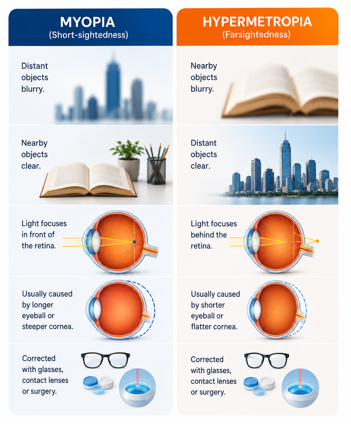 Difference between myopia and hypermetropia in orange and blue theme