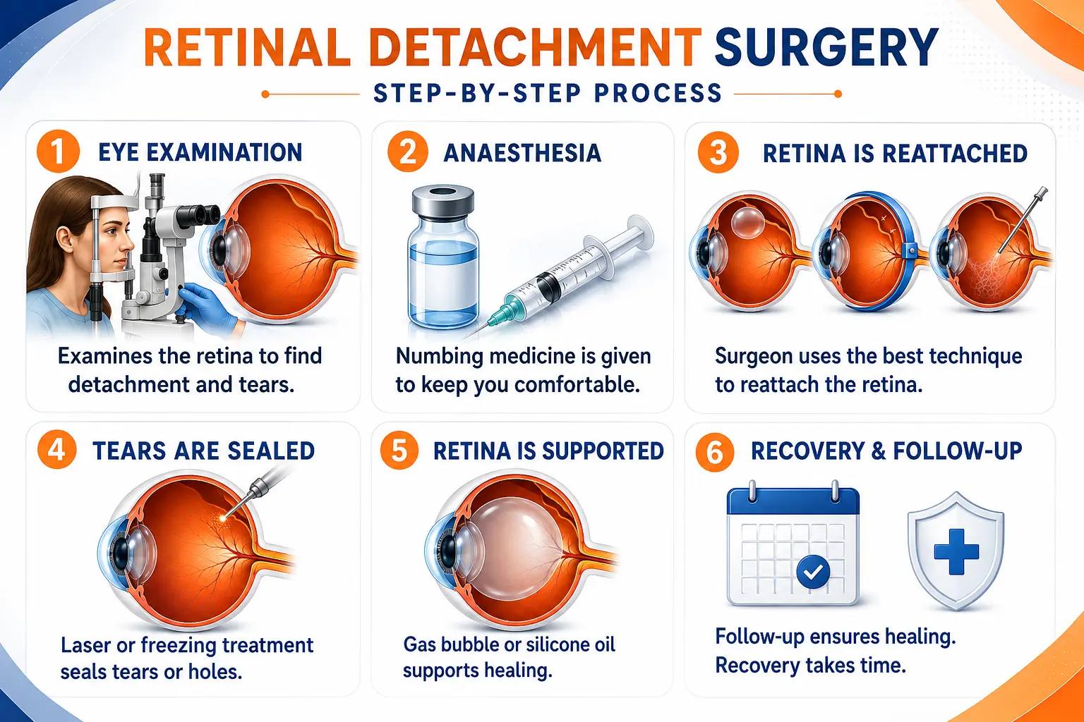 Infographic showing the six steps of retinal detachment surgery, from eye examination and anaesthesia to retinal reattachment, tear sealing, retinal support, and recovery follow-up.