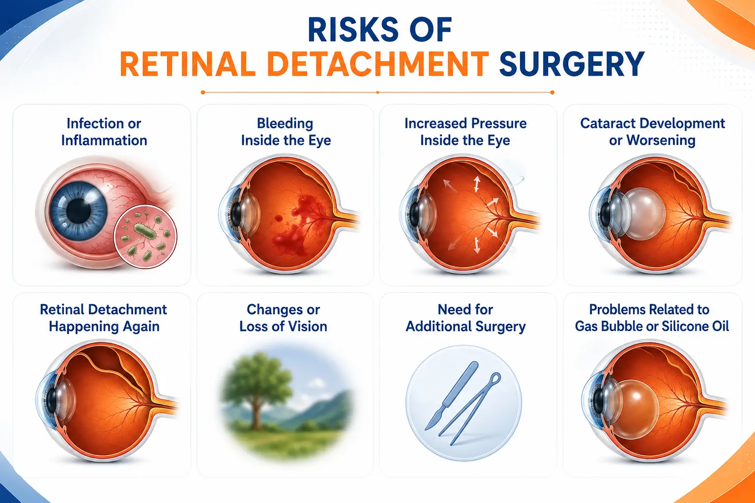 Infographic showing potential risks of retinal detachment surgery, including infection, bleeding, increased eye pressure, cataracts, recurrent detachment, vision changes, additional surgery, and gas bubble or silicone oil complications.