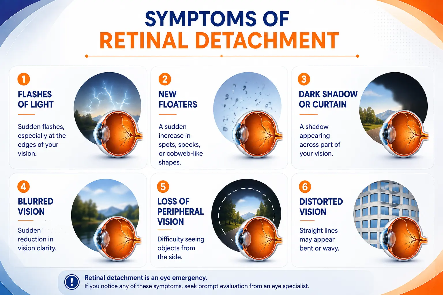 Infographic illustrating common retinal detachment symptoms, including flashes of light, new floaters, dark shadows or curtains, blurred vision, peripheral vision loss, and distorted vision.