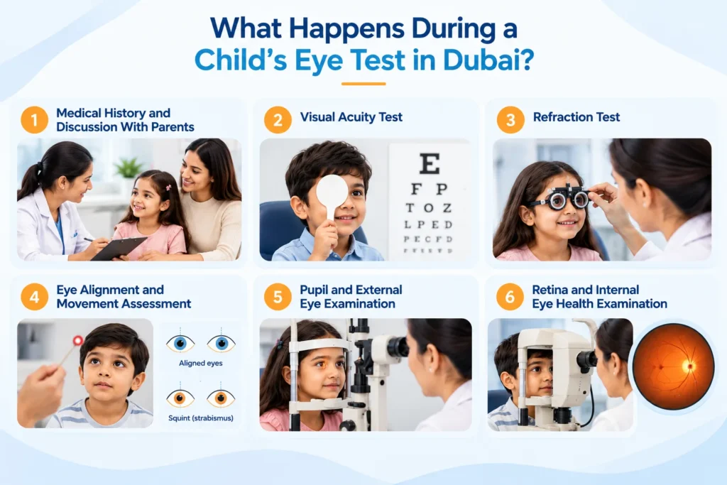 Infographic showing six steps of a comprehensive eye test for children in Dubai, including medical history, visual acuity testing, refraction, eye alignment assessment, pupil examination and retinal health assessment.