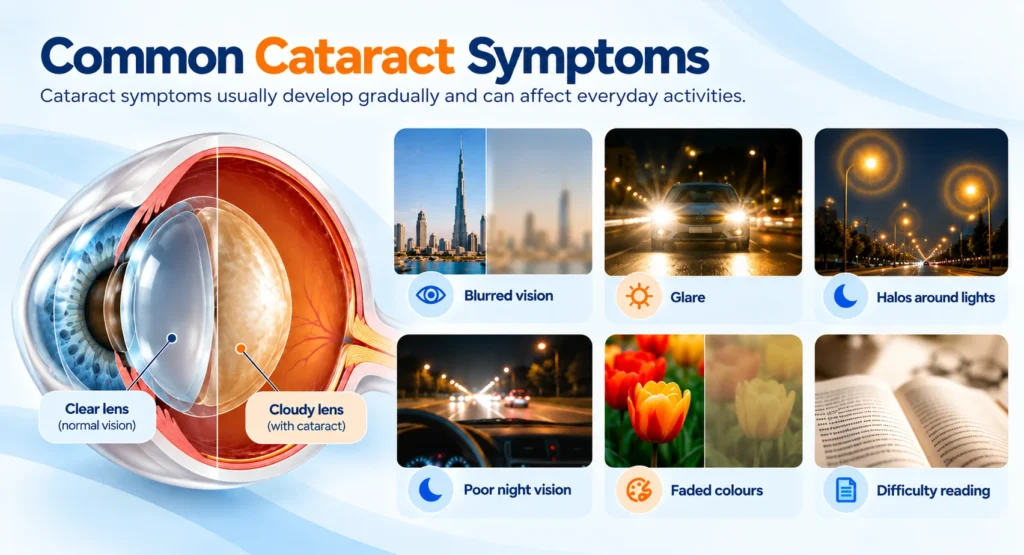 Infographic listing eight common cataract symptoms