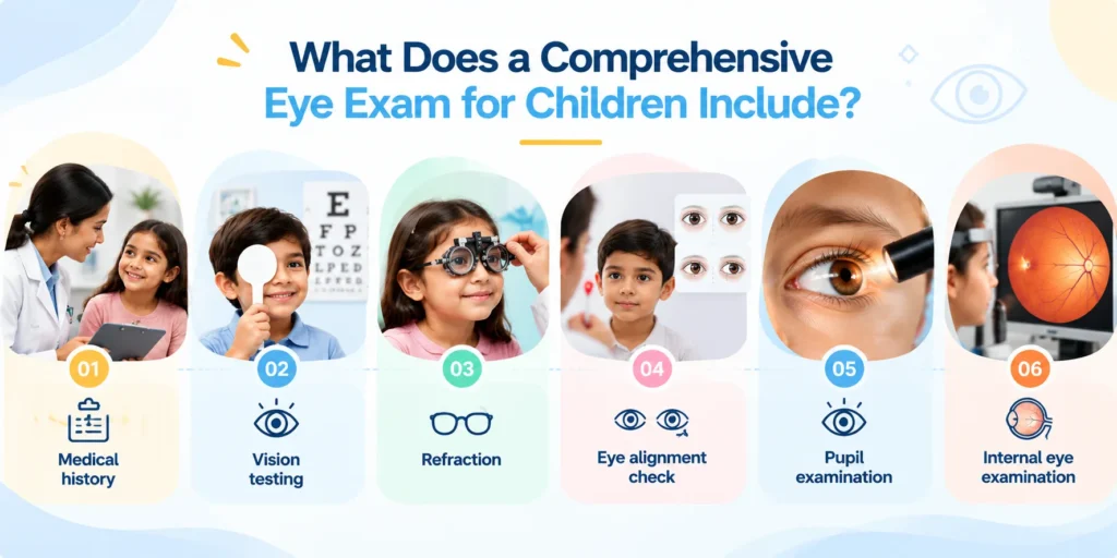 Six steps of a comprehensive eye exam for children, including vision testing, refraction, eye alignment and retinal examination