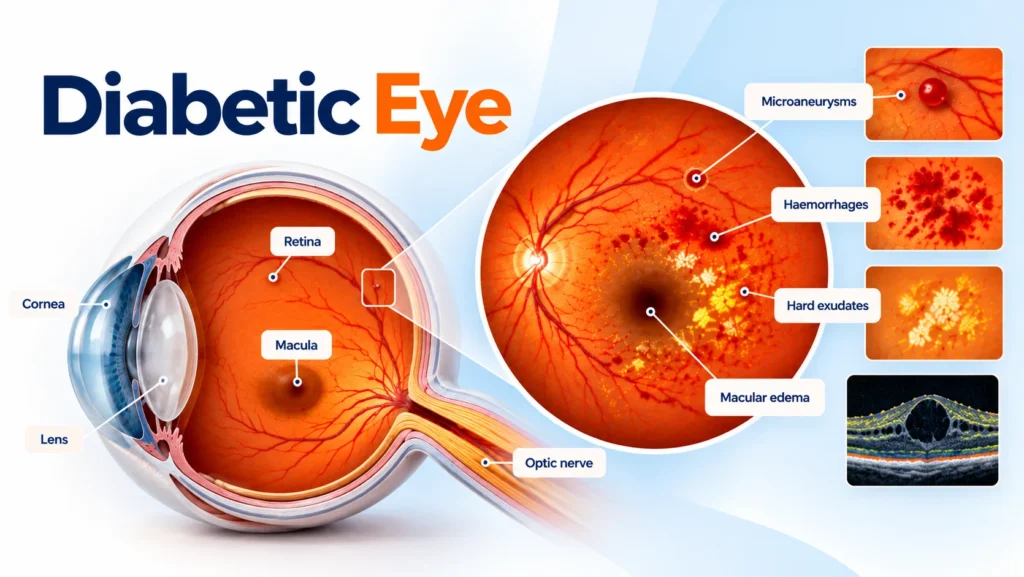  Diabetic retinopathy showing retinal damage, microaneurysms, haemorrhages, hard exudates and macular edema.