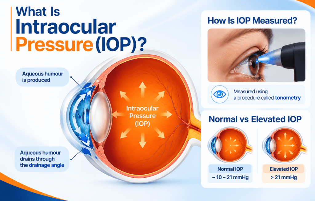 Intraocular pressure explained with eye anatomy, aqueous humour drainage and tonometry