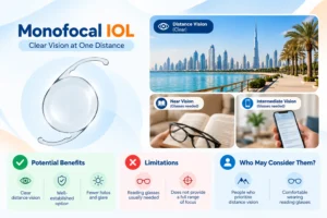 Monofocal IOL designed to provide clear vision at one primary distance, with glasses often needed for reading