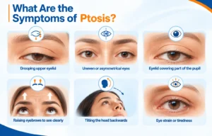 Common symptoms of ptosis including drooping eyelids, eye asymmetry and difficulty keeping the eyes open