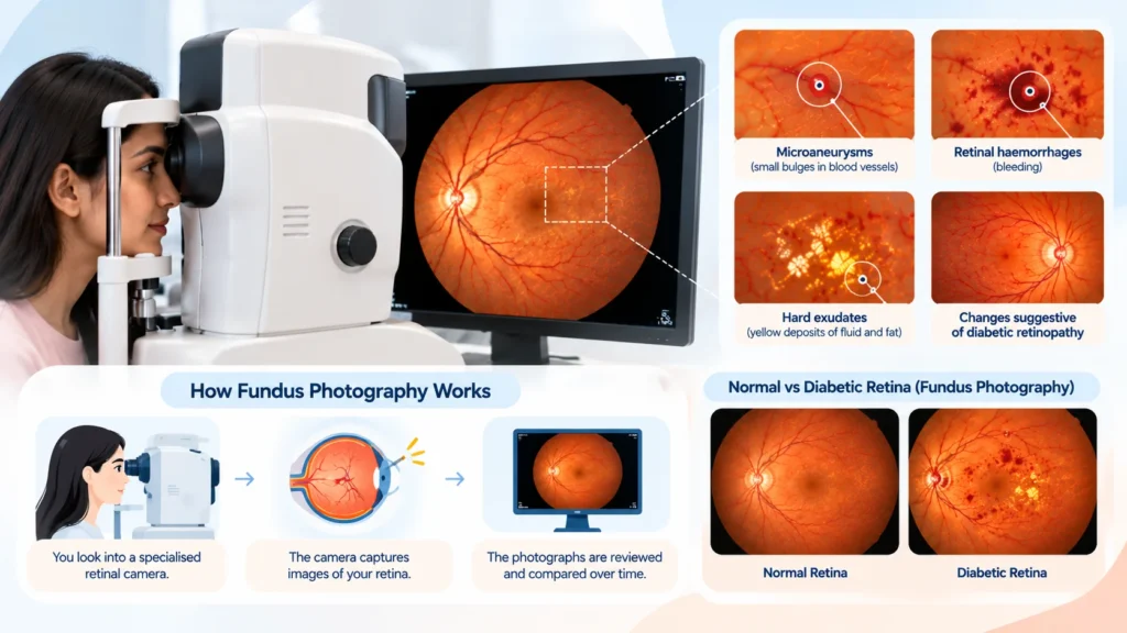 Diabetic retinopathy screening infographic featuring fundus photography, OCT scan and retinal examination.