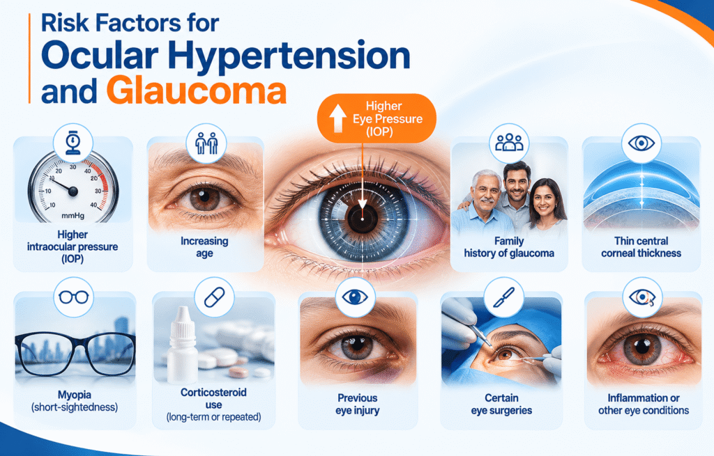 Risk factors for ocular hypertension and glaucoma, including high eye pressure, age, family history and steroid use