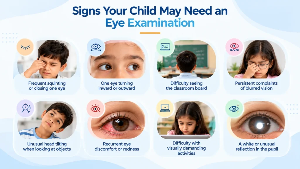 Warning signs that a child may need an eye test, including squinting, blurred vision, eye misalignment and head tilting