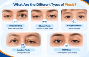Illustration showing unilateral, bilateral, congenital, acquired and mild ptosis