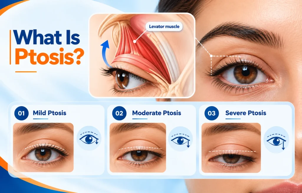 Medical illustration explaining ptosis, or drooping of the upper eyelid