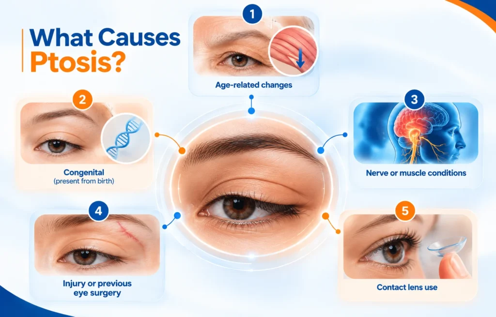 Common causes of ptosis including ageing, muscle weakness, nerve conditions and injury